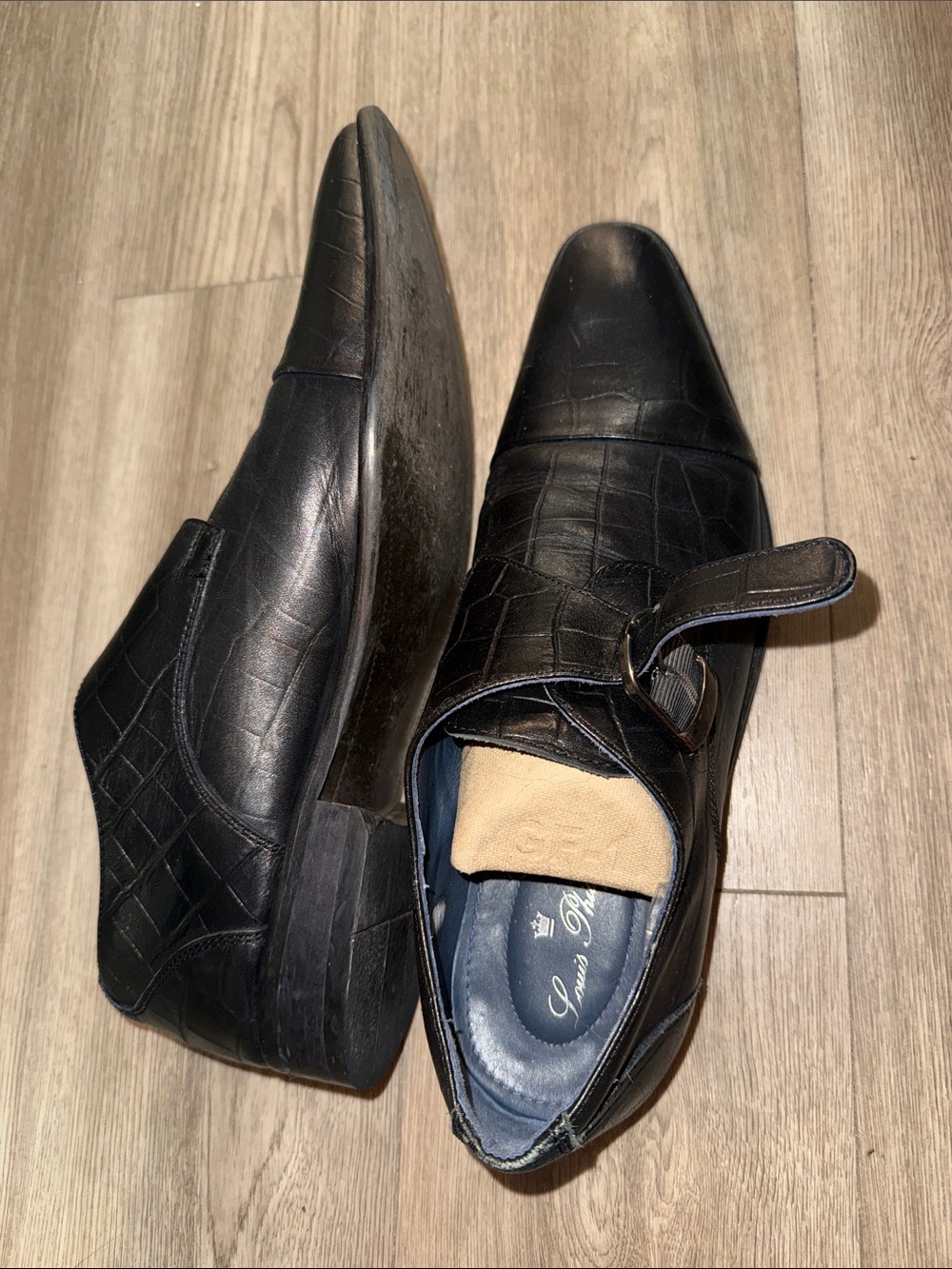 Louis Philippe Black Leather Monk Strap Dress Shoes
